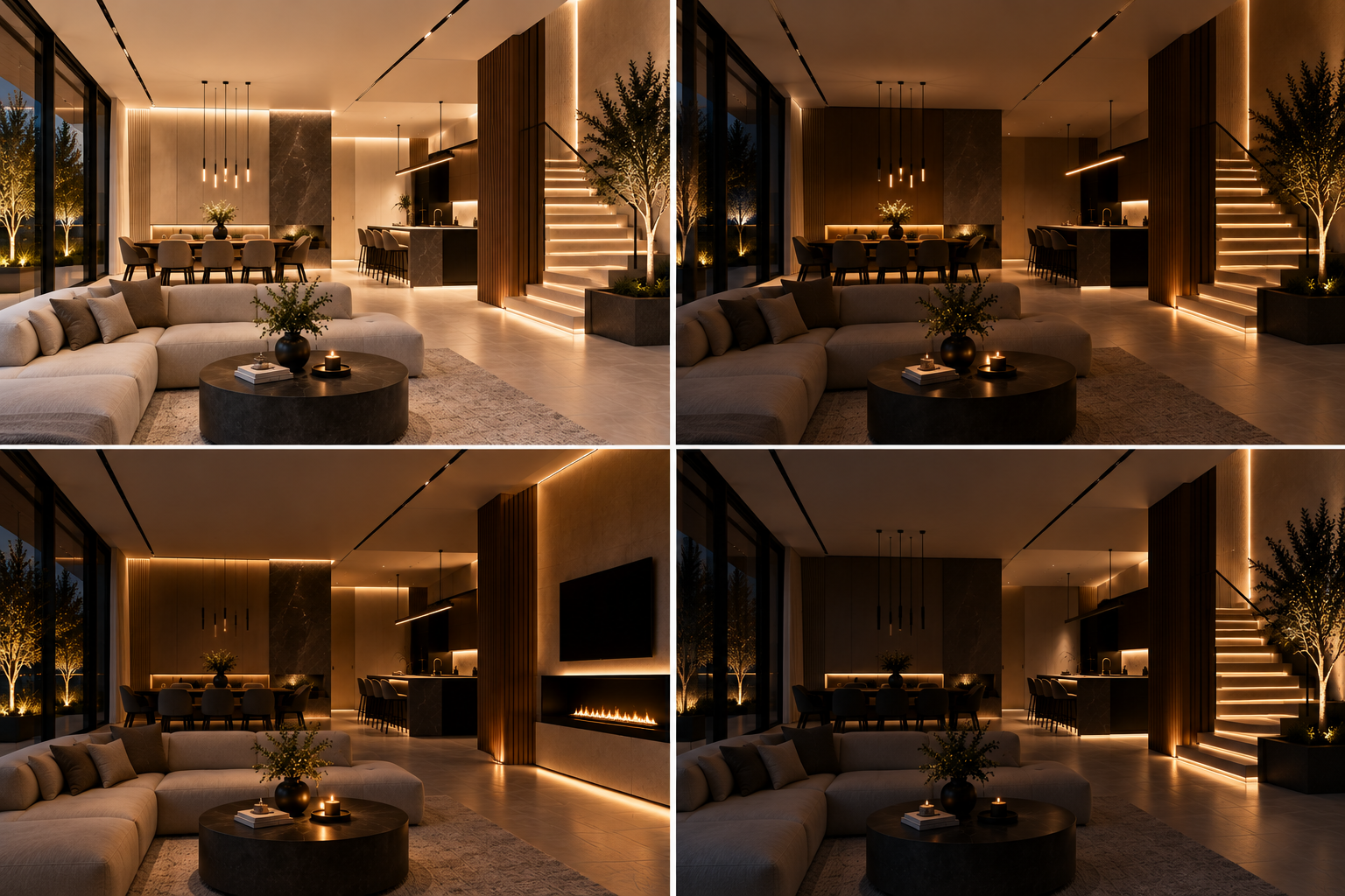Modern interior with multiple lighting zones, dimming and layered lighting scenes