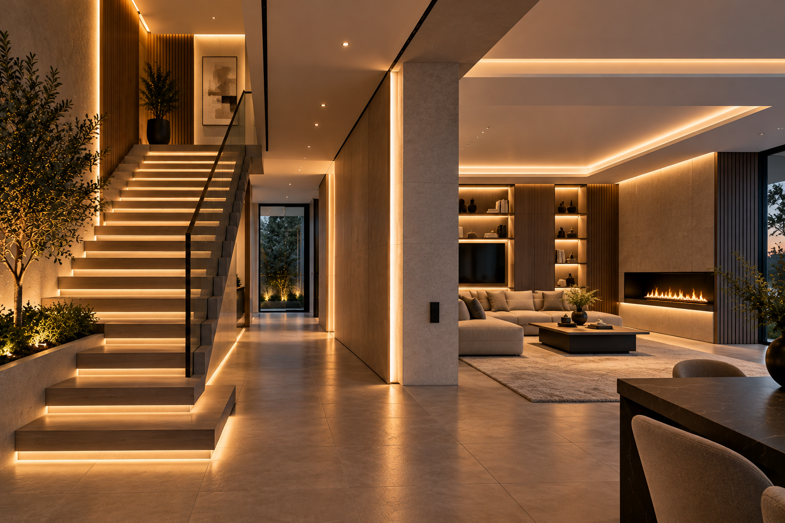 Modern interior with lighting integrated into stairs, ceilings, walls and built-in joinery