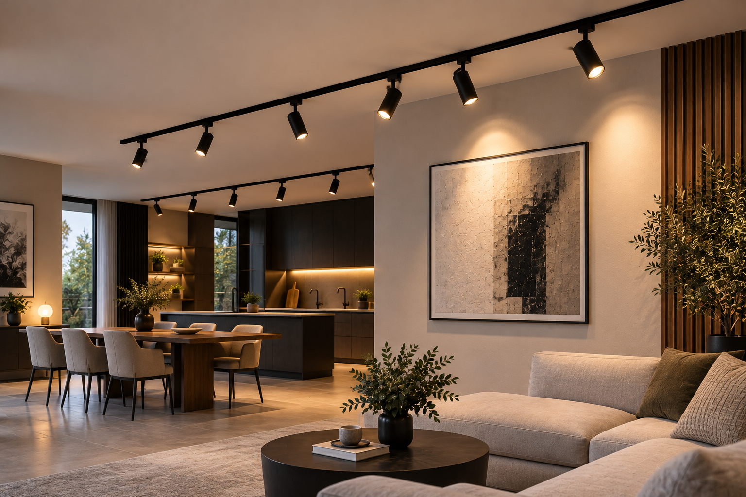 Modern interior with adjustable ceiling track lighting
