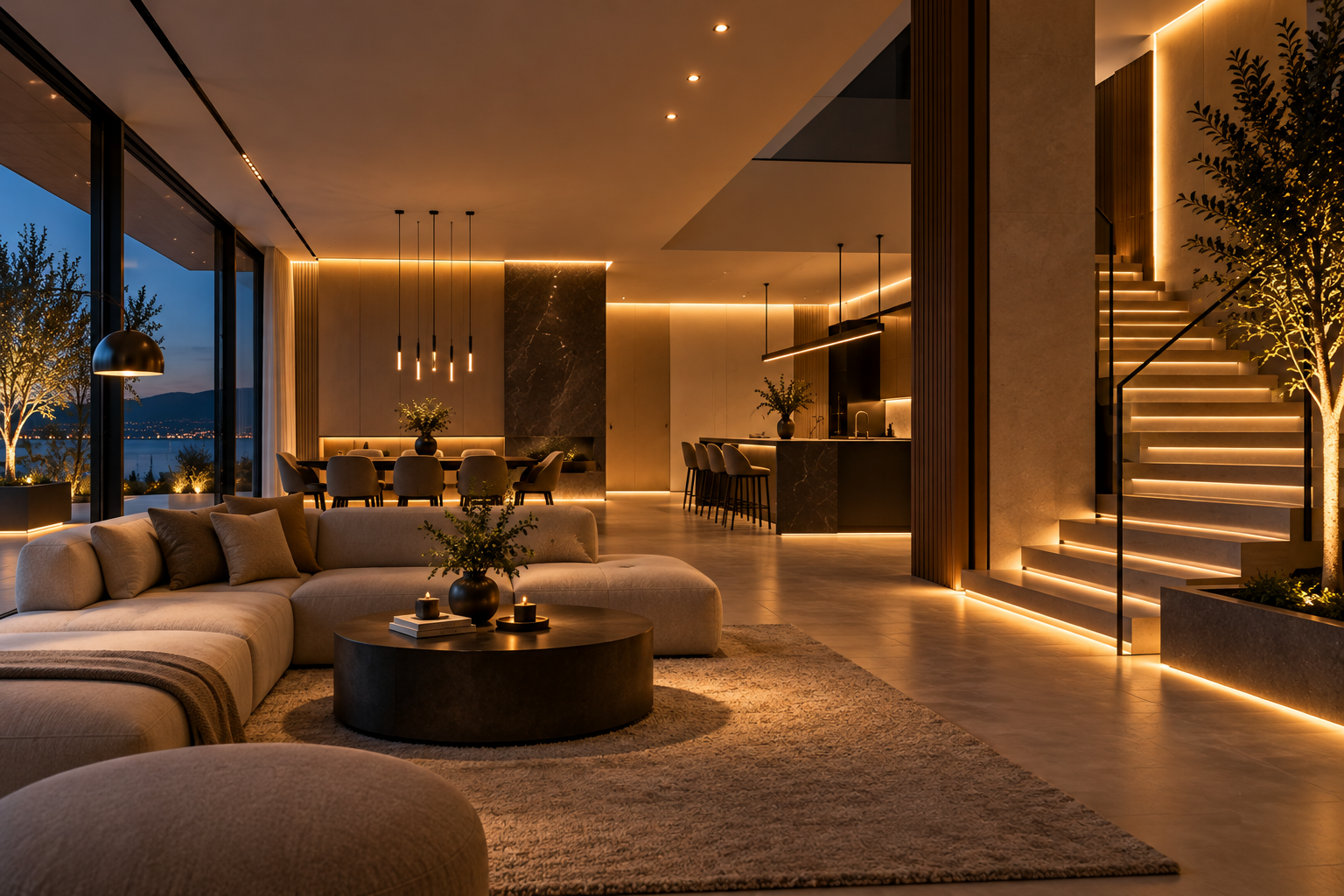 Architectural interior with layered lighting concept and integrated fixtures