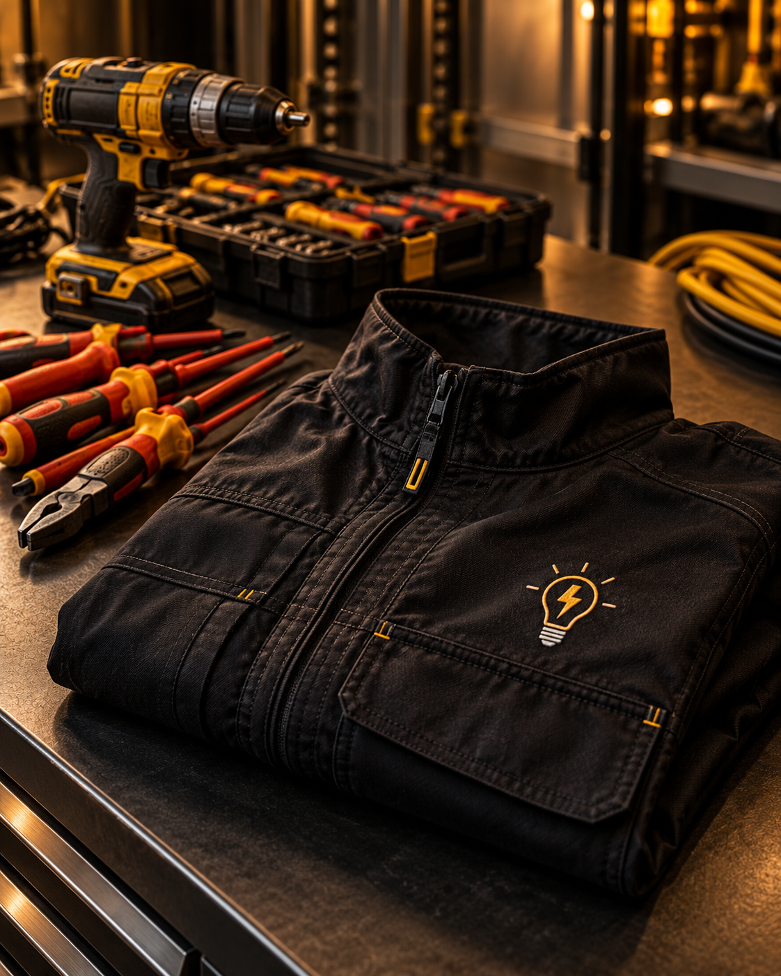 Electrician tools and professional work jacket